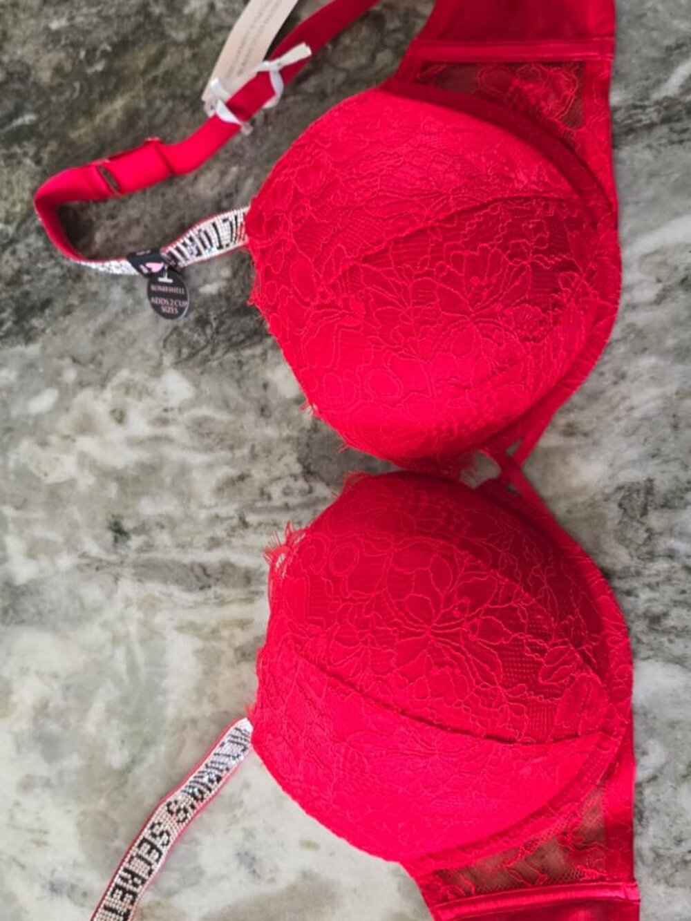 Victoria's Secret Bombshell Red Lace Rhinestone Bra - 34DD - NWT